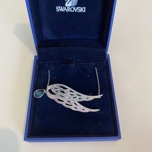NWT Swarovski Crystal Angel Wing Necklace + Blue Stone / Authentic